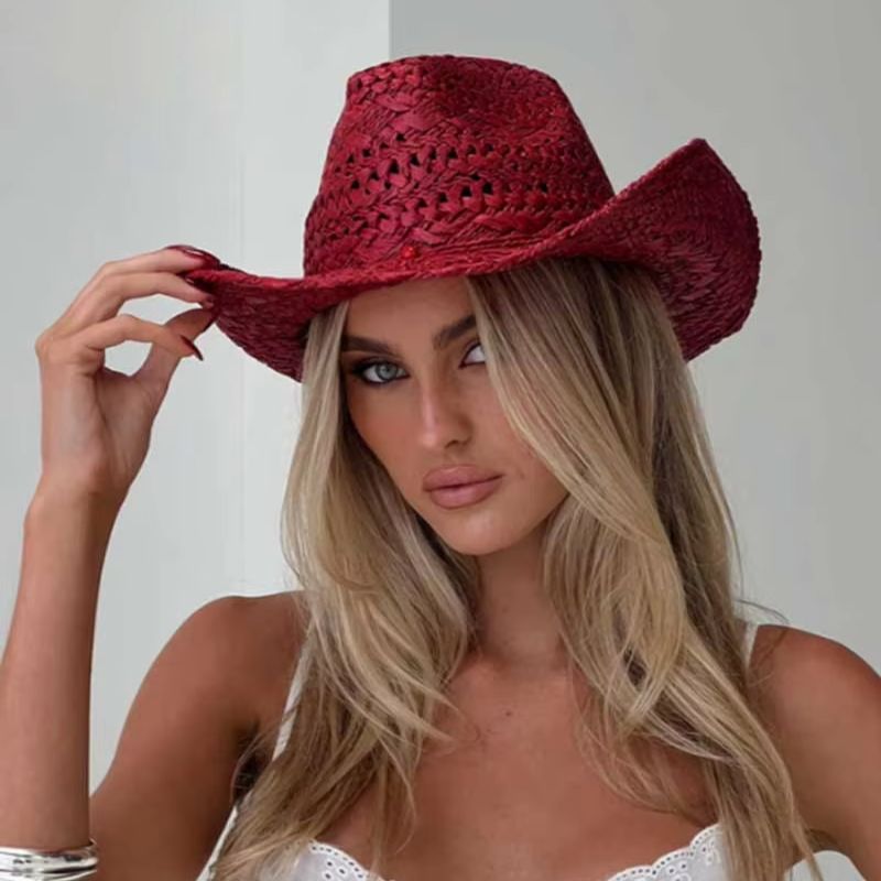 Cowboy Hat Straw - Cowboy hat red hand-painted summer straw